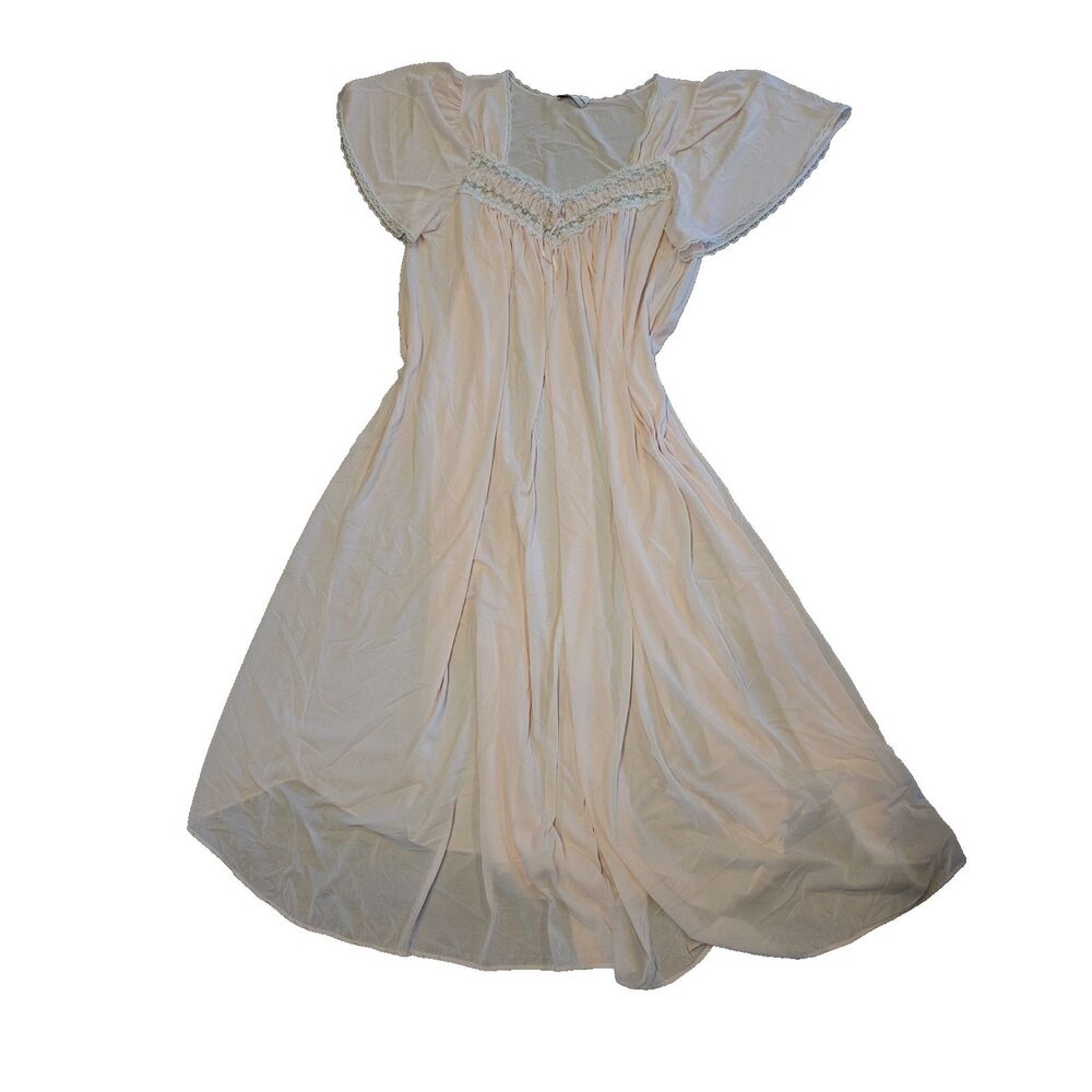 vintage sheer nightgown lace trim flutter sleeve romantic blush pink bridal L/XL